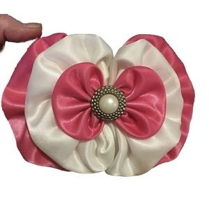 Vintage 80s Barrette Hair Clip Pink White Large Bow Silky Fabric, Barbie lolita